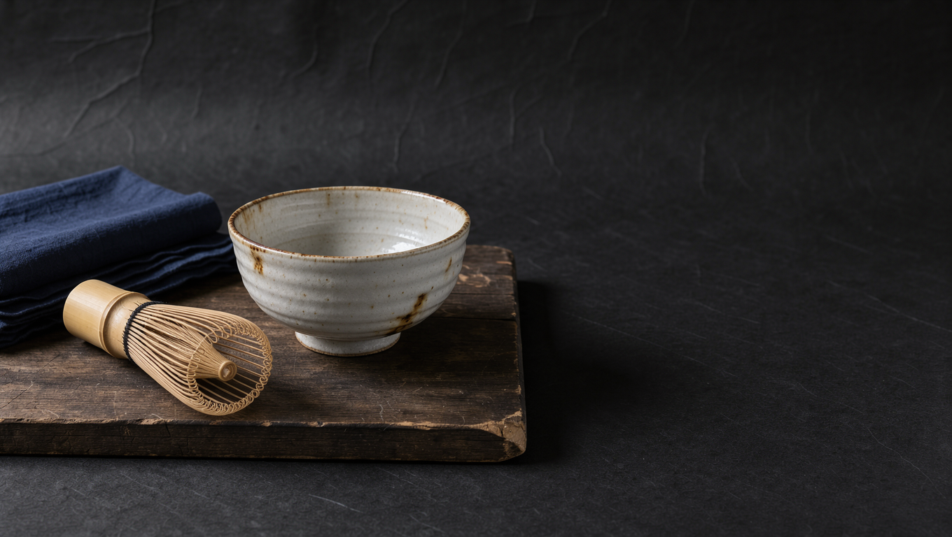 Bol a the Shino, fouet a matcha et furoshiki indigo sur fond encre